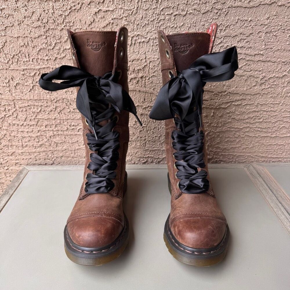 Dr. Martens Triumph Boots Womens Sz 8 Brown Pink Floral Foldover Tall Combat - Picture 2 of 15
